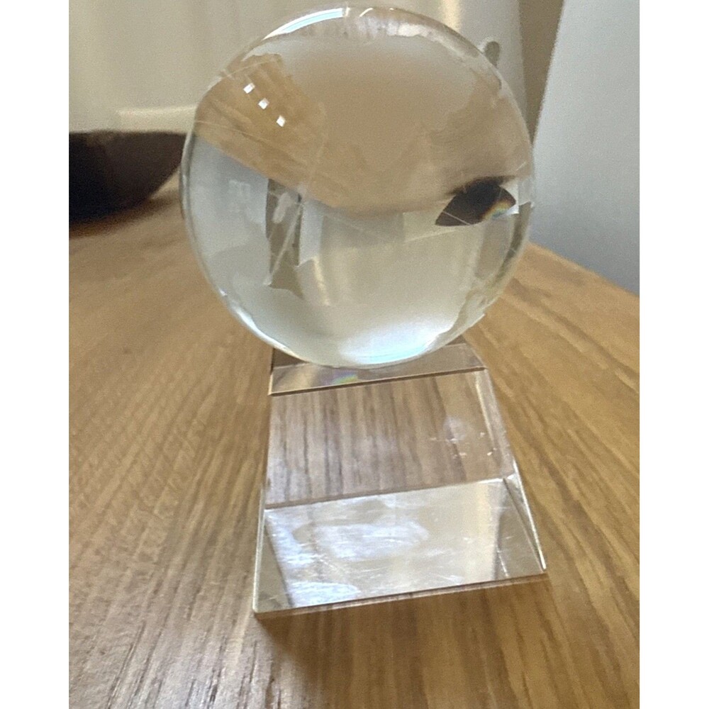 Glass Clear World Earth Globe Etched Crystal Paperweight on Stand 4” Total